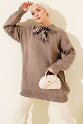 Saten Yaka Fularlı Triko Tunik Vizon - VANİZA TRİKO