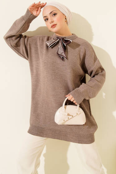 Saten Yaka Fularlı Triko Tunik Vizon - Tunik