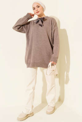 Saten Yaka Fularlı Triko Tunik Vizon - Tunik