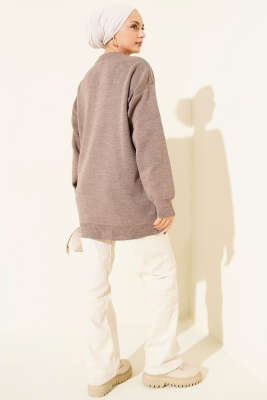 Saten Yaka Fularlı Triko Tunik Vizon - Tunik