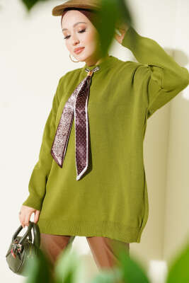 Saten Yaka Fularlı Triko Tunik Yeşil - VANİZA TRİKO