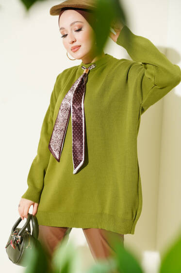 Saten Yaka Fularlı Triko Tunik Yeşil - Tunik