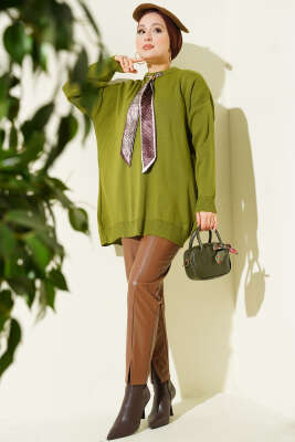 Saten Yaka Fularlı Triko Tunik Yeşil - Tunik