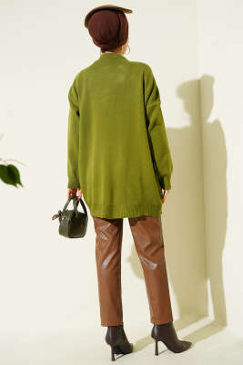 Saten Yaka Fularlı Triko Tunik Yeşil - Tunik