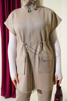 Scuba Bel Tünelli Yelekli İkili Takım Bej - İkili Takım