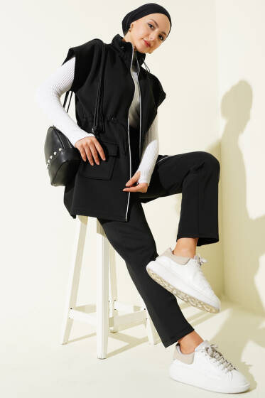 Scuba Bel Tünelli Yelekli İkili Takım Siyah - İkili Takım