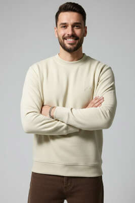 Scuba Bisiklet Yaka Erkek Sweatshirt Bej - BESSE
