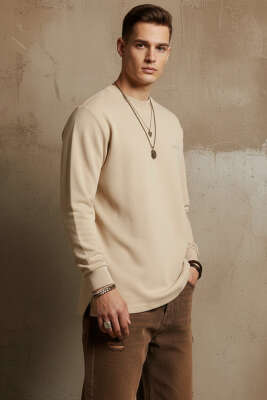 Scuba Bisiklet Yaka Erkek Sweatshirt Bej - BESSE