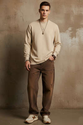 Scuba Bisiklet Yaka Erkek Sweatshirt Bej - Erkek Sweatshirt