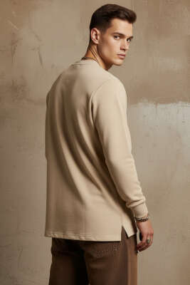 Scuba Bisiklet Yaka Erkek Sweatshirt Bej - Erkek Sweatshirt