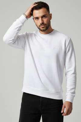 Scuba Bisiklet Yaka Erkek Sweatshirt Beyaz - BESSE