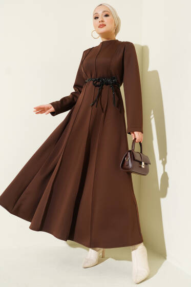 Scuba Deri Kemerli Elbise Acı Kahve - Elbise