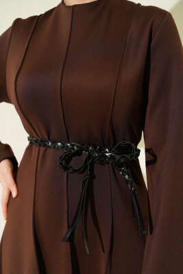 Scuba Deri Kemerli Elbise Acı Kahve - Elbise