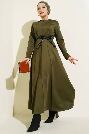Scuba Deri Kemerli Elbise Haki - Elbise