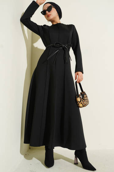 Scuba Deri Kemerli Elbise Siyah - Elbise