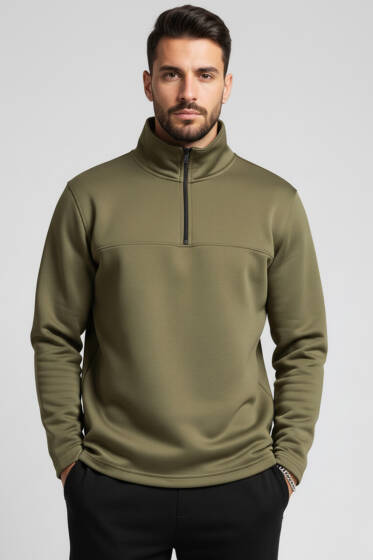 Scuba Fermuarlı Erkek Sweatshirt Haki - Erkek Sweatshirt