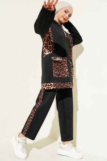 Scuba Leoparlı Taşlı İkili Takım Siyah - İkili Takım