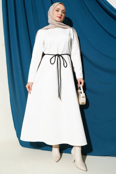 Scuba Pens Detaylı Kemerli Elbise Ekru - Elbise