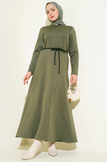 Scuba Pens Detaylı Kemerli Elbise Haki - Elbise