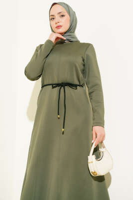 Scuba Pens Detaylı Kemerli Elbise Haki - Elbise