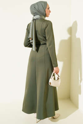 Scuba Pens Detaylı Kemerli Elbise Haki - Elbise