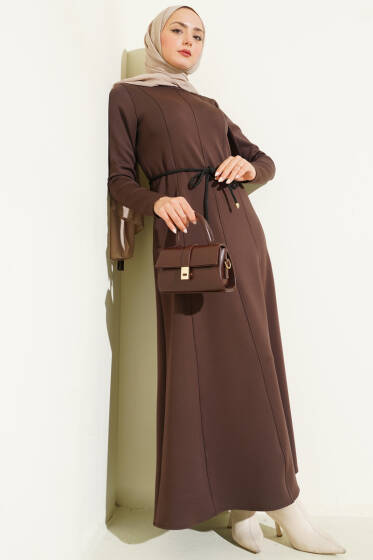 Scuba Pens Detaylı Kemerli Elbise Kahve - Elbise