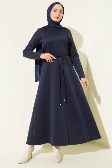 Scuba Pens Detaylı Kemerli Elbise Lacivert - Elbise