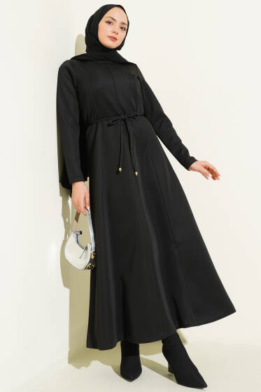 Scuba Pens Detaylı Kemerli Elbise Siyah - Elbise