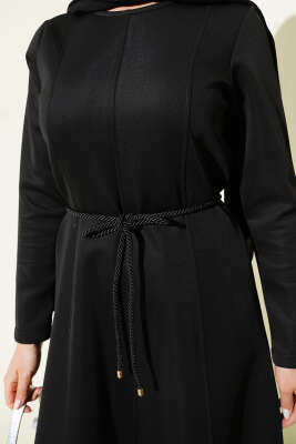 Scuba Pens Detaylı Kemerli Elbise Siyah - Elbise