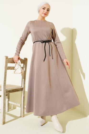 Scuba Pens Detaylı Kemerli Elbise Vizon - Elbise