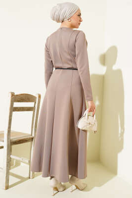 Scuba Pens Detaylı Kemerli Elbise Vizon - Elbise