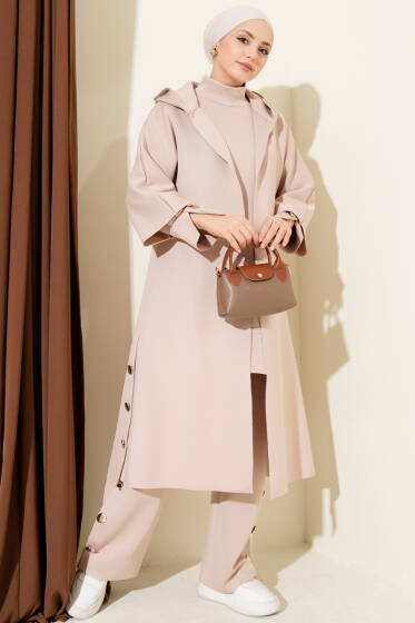 Scuba Uzun Hırkalı Üçlü Takım Bej - İkili Takım