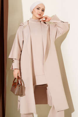 Scuba Uzun Hırkalı Üçlü Takım Bej - İkili Takım