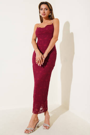 Şeffaf Askılı Dantelli Elbise Bordo - Kadın Giyim Modelleri