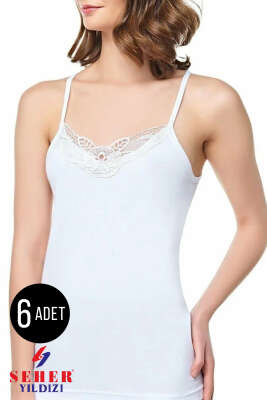 Seher Yıldızı Kadın 6'lı Askılı Yaka Güpürlü Atlet Beyaz - İp Askılı Atlet