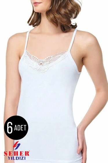 Seher Yıldızı Kadın 6'lı Askılı Yaka Güpürlü Atlet Beyaz - İp Askılı Atlet