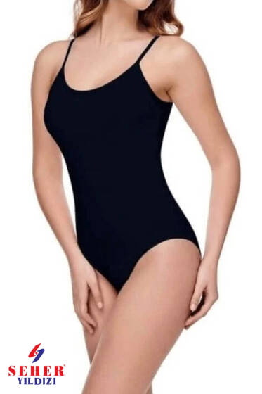 Seher Yıldızı Kadın İp Askılı Çıtçıtlı Badi Siyah - Çıtçıtlı Badi