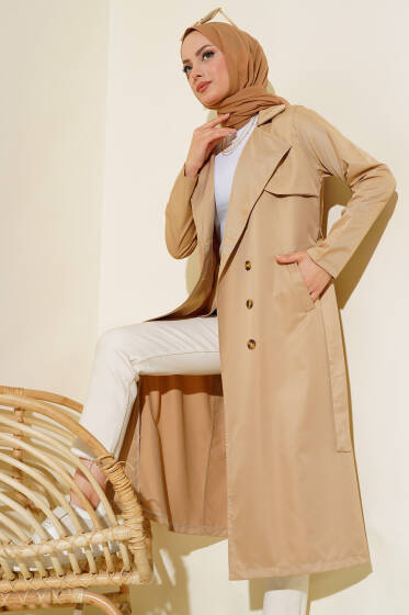 Sekiz Düğmeli Kuşaklı Trençkot Bej - Trençkot