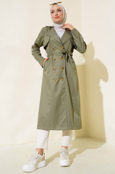 Sekiz Düğmeli Kuşaklı Trençkot Haki - Trençkot
