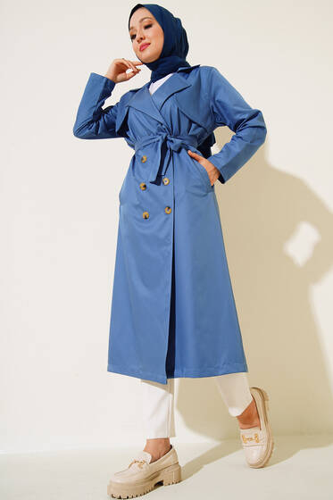 Sekiz Düğmeli Kuşaklı Trençkot İndigo - Trençkot