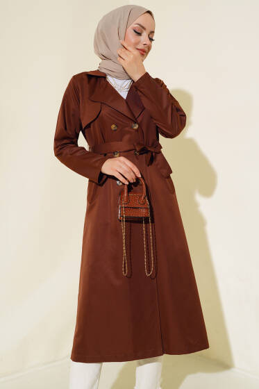 Sekiz Düğmeli Kuşaklı Trençkot Kahve - Trençkot