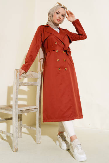 Sekiz Düğmeli Kuşaklı Trençkot Kiremit - Trençkot
