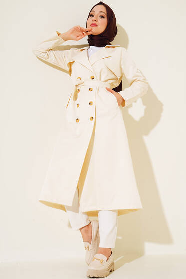 Sekiz Düğmeli Kuşaklı Trençkot Krem - Trençkot