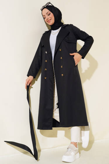 Sekiz Düğmeli Kuşaklı Trençkot Siyah - Trençkot