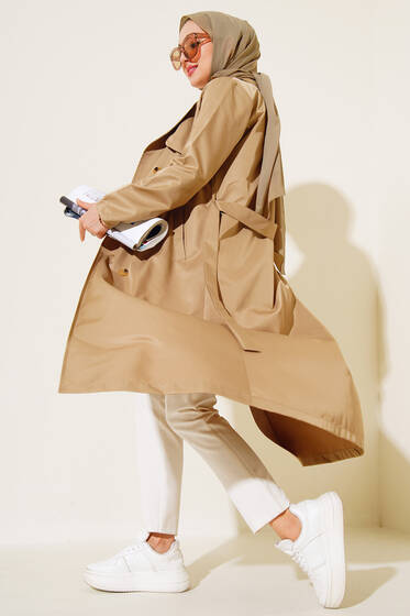 Sekiz Düğmeli Kuşaklı Trençkot Vizon - Trençkot