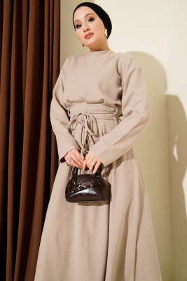 Selanik Beli İp Detaylı Elbise Bej - Elbise