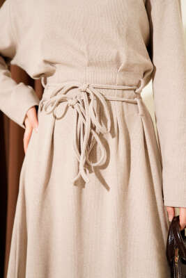 Selanik Beli İp Detaylı Elbise Bej - Elbise