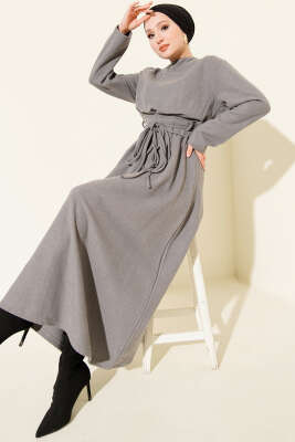 Selanik Beli İp Detaylı Elbise Gri - SAS