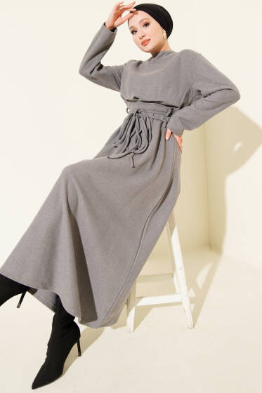 Selanik Beli İp Detaylı Elbise Gri - Elbise