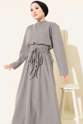 Selanik Beli İp Detaylı Elbise Gri - Elbise